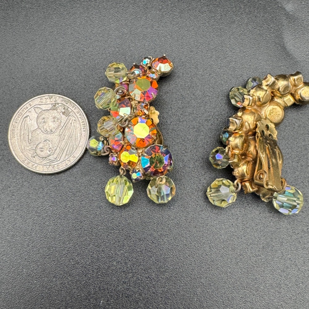 Vintage Earlobe Aurora Borealis Cluster Clip On Earrings Rhinestone Runway - Picture 6 of 9